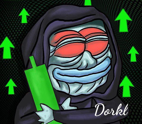 DorkLord holding a giant green candle surrounded by green up arrows