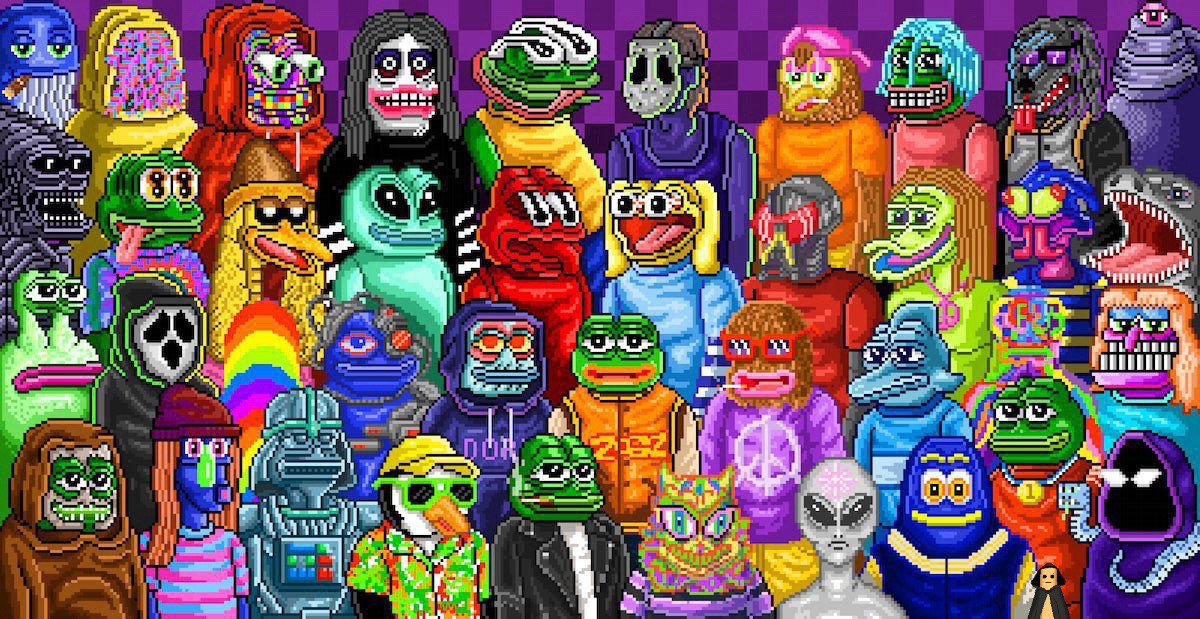 Pixel-art crowd of meme characters including Dorks and Pepes